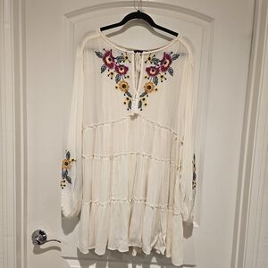 Free People Cream Midi Dress with Pink & Yellow Floral Embroidery #896